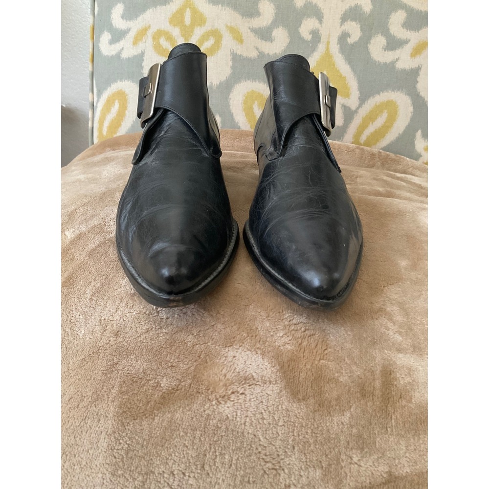 Browns Italy Black Leather Buckle Ankle Boots Pointed Toe Cone Heel Size 38